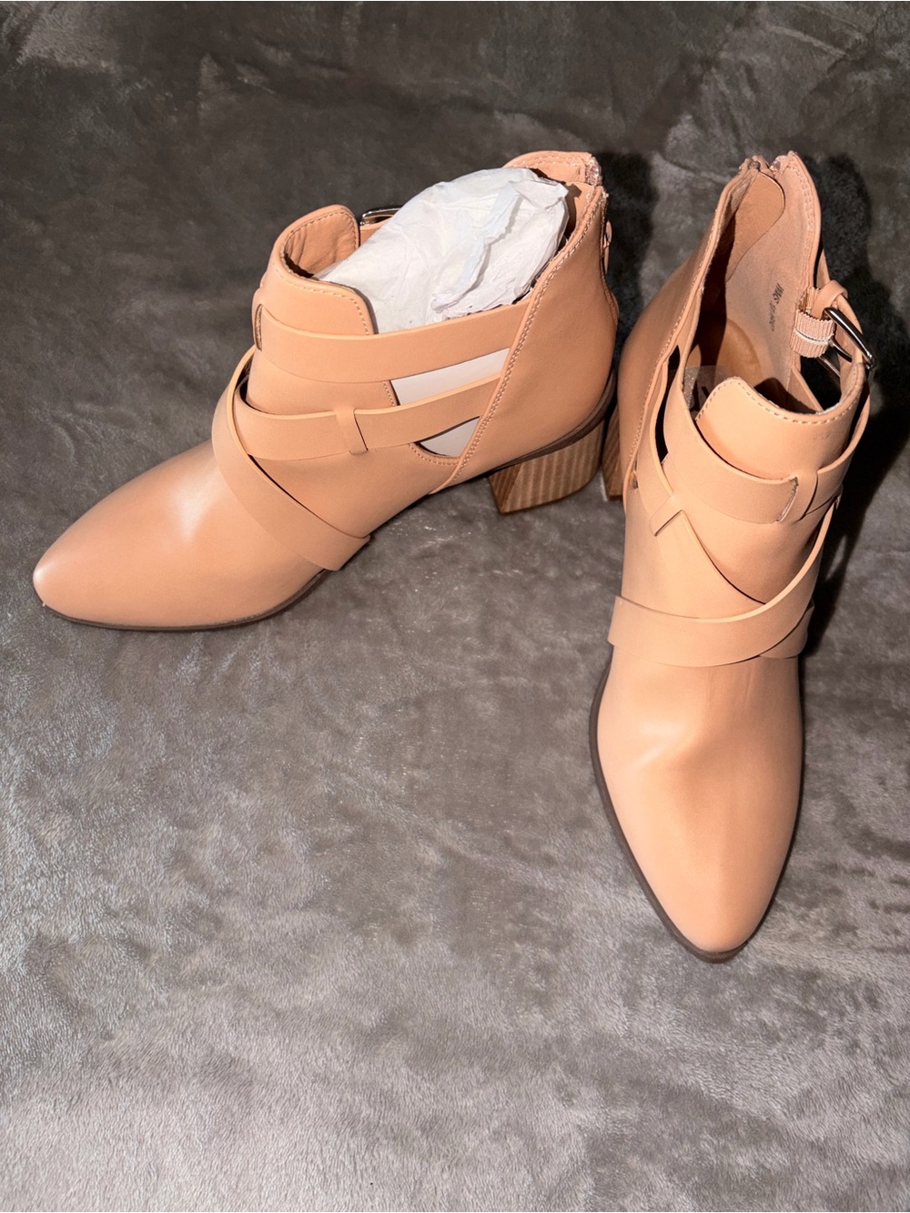 Buckle Tan Cutout Ankle Boots - Pointed Toe Block Heel 10